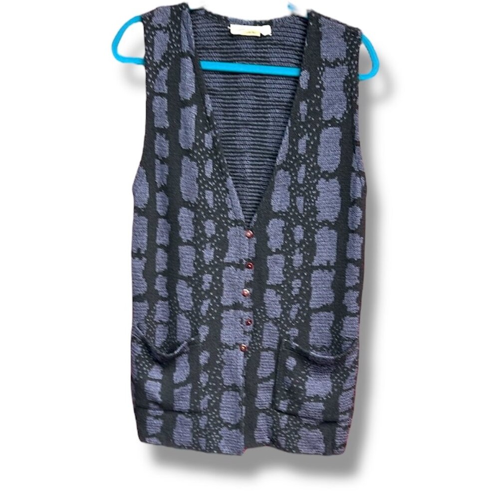 Black and Gray Cardigan Sweater with Sleeveless Design and V-neck